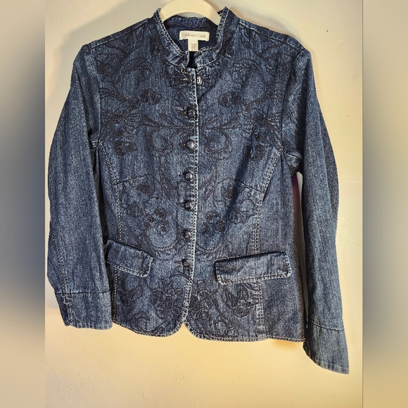 Coldwater Creek Jackets & Blazers - Coldwater Creek Dark Blue Embroidered Jean Fitted Jacket Sz 10p